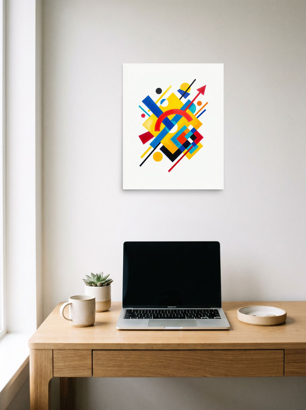 A 16x20 inch unframed paper Suprematism print of 'Directional Energy' hanging above a worktable with a laptop.