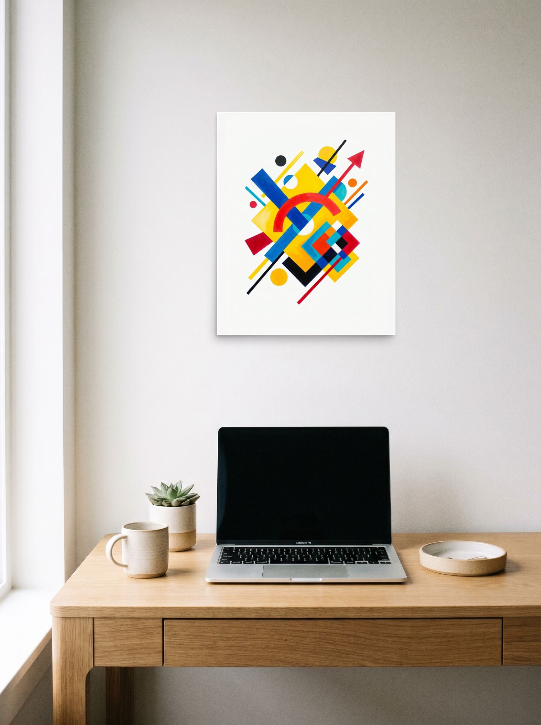 A 16x20 inch unframed paper Suprematism print of 'Directional Energy' hanging above a worktable with a laptop.