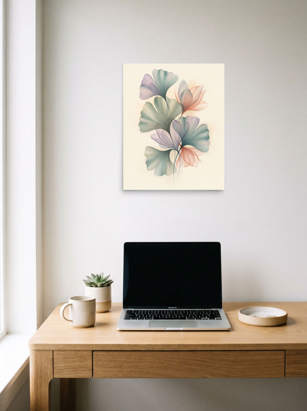 A 16x20 inch unframed paper Abstract art print of 'Ethereal Ginkgo Whispers' hanging above a worktable with a laptop.