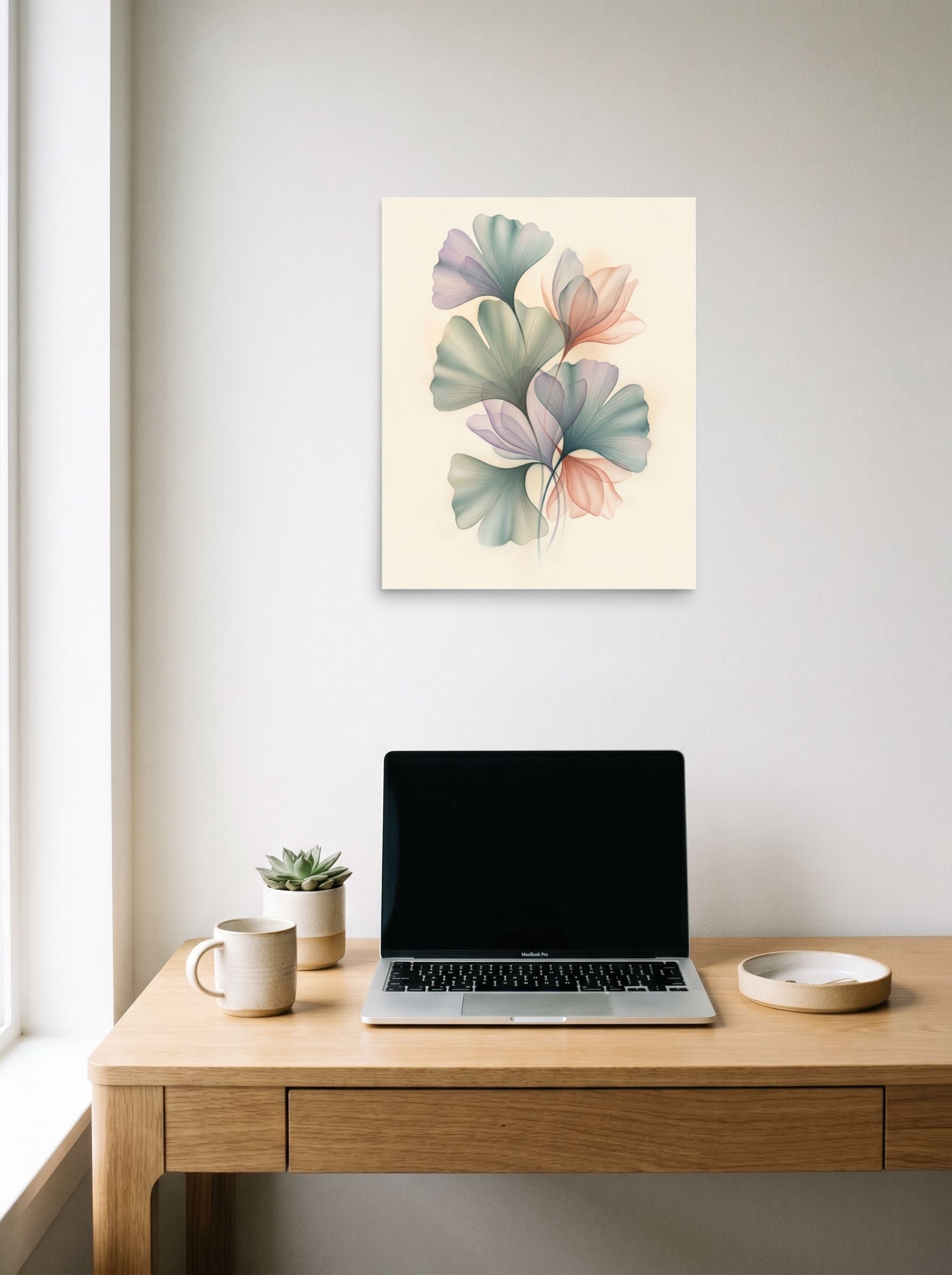 A 16x20 inch unframed paper Abstract art print of 'Ethereal Ginkgo Whispers' hanging above a worktable with a laptop.