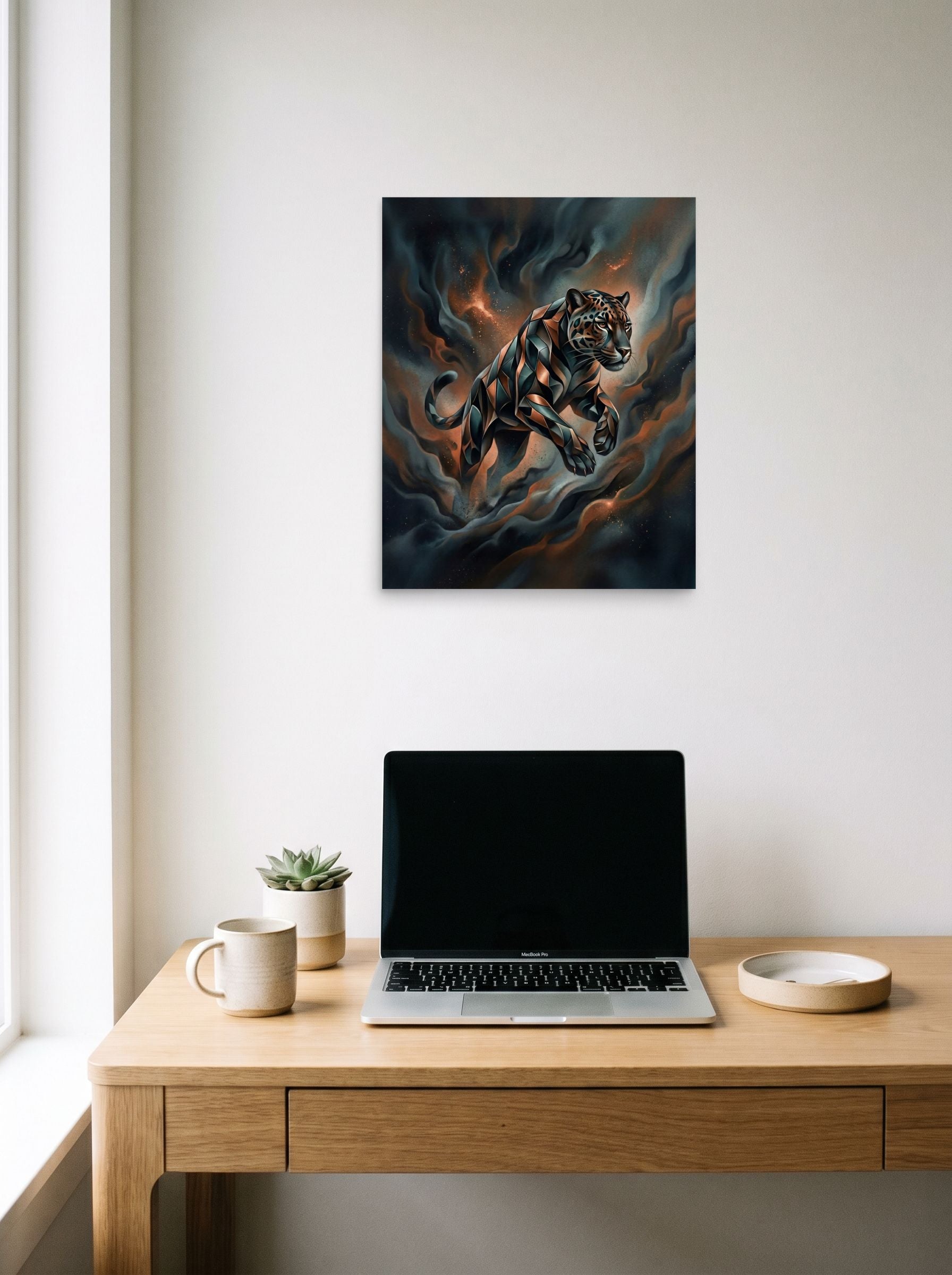 A 16x20 inch unframed paper Digital art print of 'Phantom Leap' hanging above a worktable with a laptop.