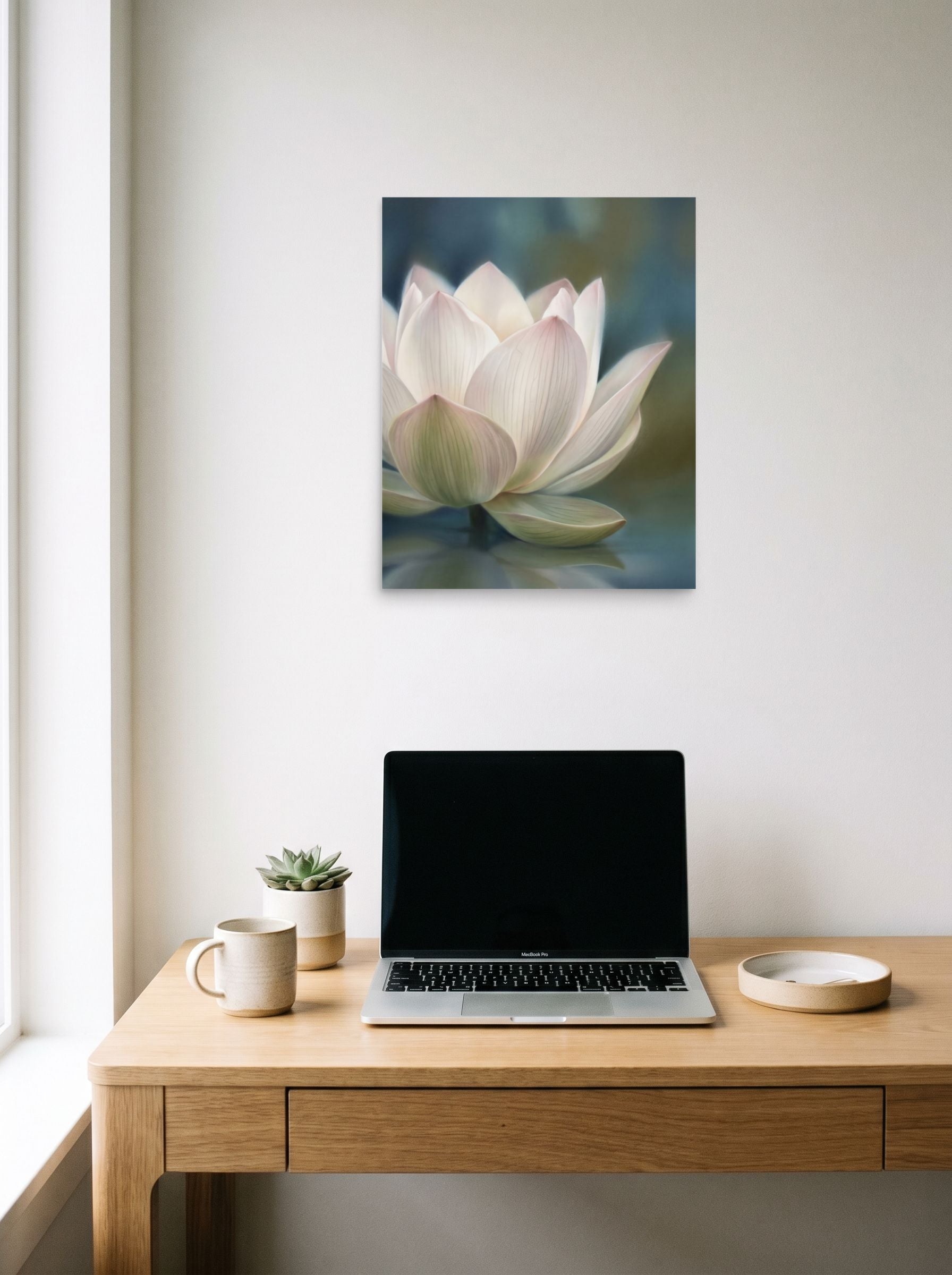 A 16x20 inch unframed paper Realism print of 'Serene Lotus Reflection' hanging above a worktable with a laptop.