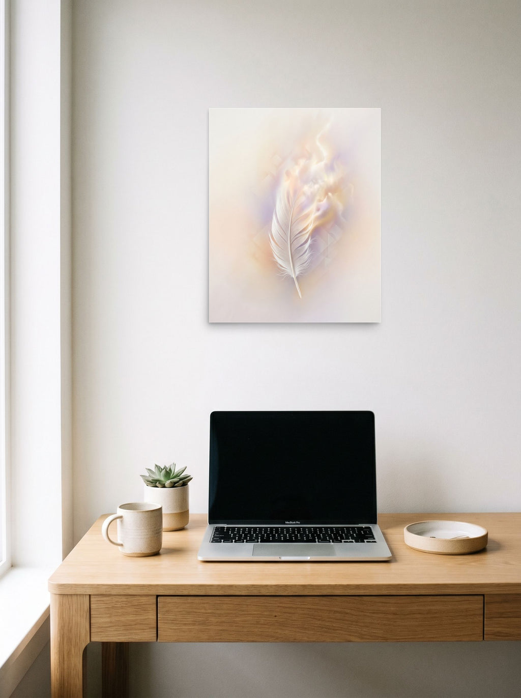A 16x20 inch unframed paper Abstract art print of 'Ethereal Plume' hanging above a worktable with a laptop.