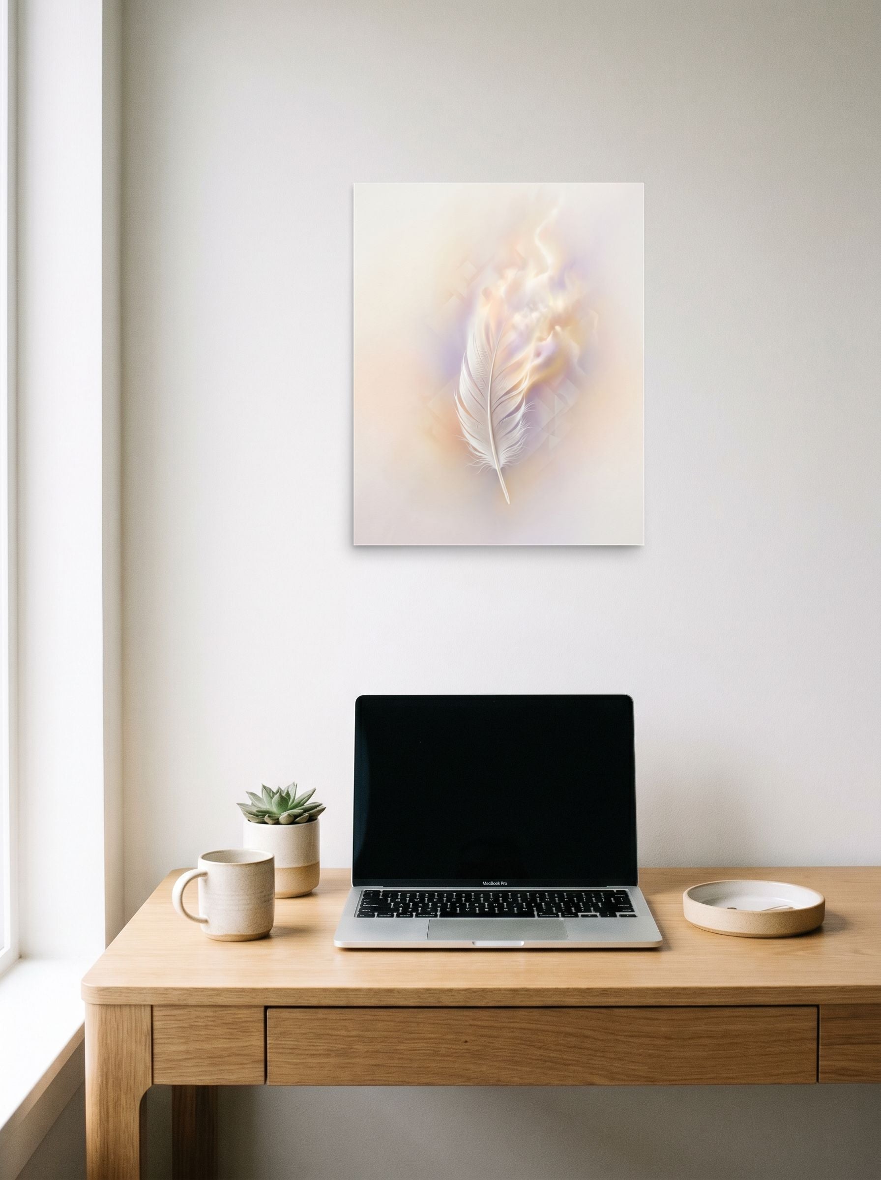 A 16x20 inch unframed paper Abstract art print of 'Ethereal Plume' hanging above a worktable with a laptop.