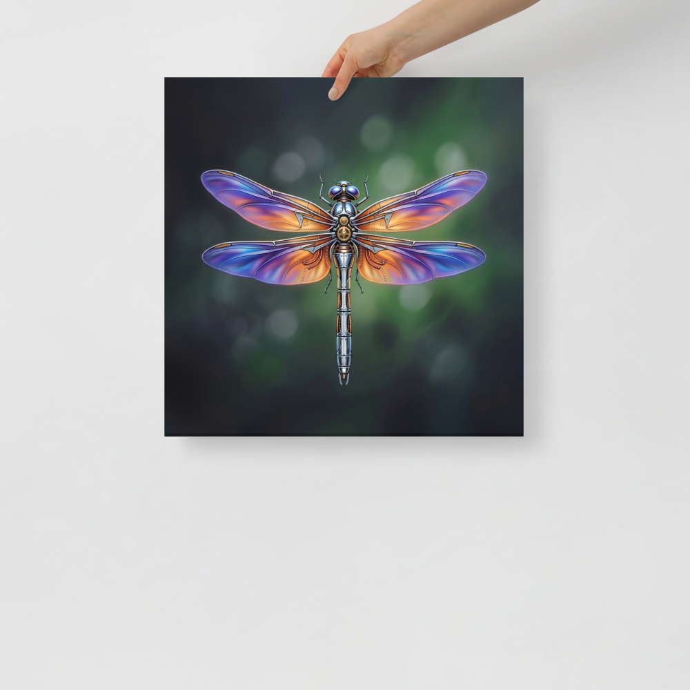 'Gears of the Dragonfly' — a Surrealism print. A highly detailed mechanical dragonfly with glowing purple and orange wings and brass gears on its back, set against a dark green background, perfect for a Living Room.