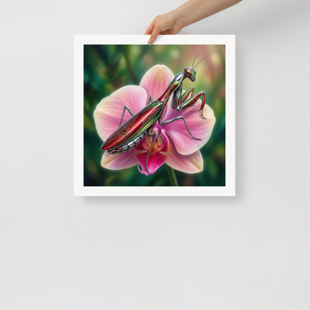 'Chrome Mantis' — a Surrealism print. A vibrant illustration of a metallic praying mantis painted like a hot rod in cherry red and chrome sitting on a pink orchid, perfect for a studio.