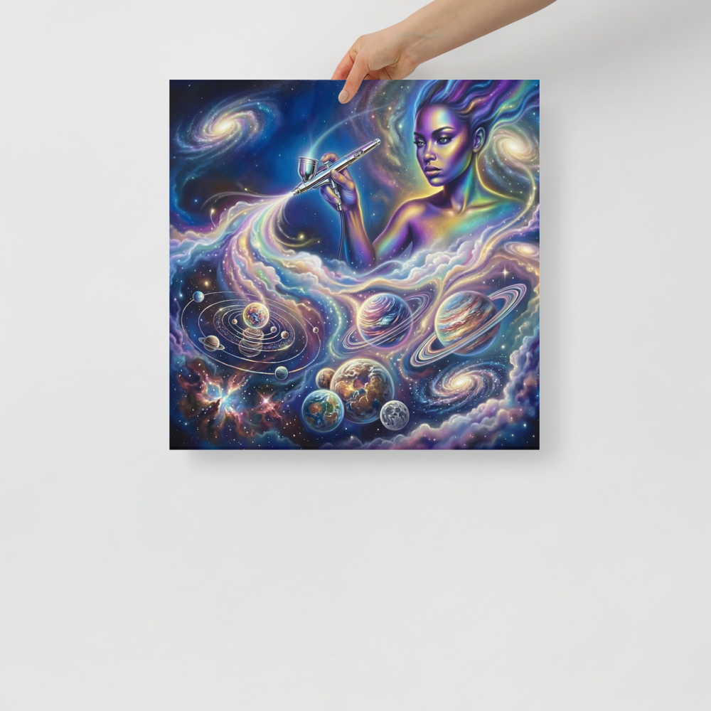 'The Cosmic Painter' — a Space art print. A glowing, ethereal woman painting planets and galaxies into a vibrant cosmic sky using an airbrush, a stunning focal point for a Bedroom.
