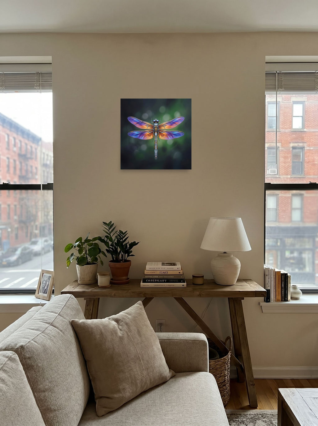 A 18x18 inch unframed paper Surrealism print of 'Gears of the Dragonfly' displayed in the center of a living room.