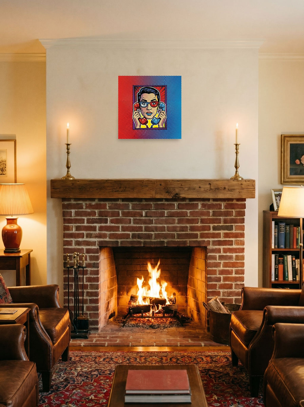 A 18x18 inch unframed paper Pop art print of 'Bipartisan Static' displayed above a fireplace.