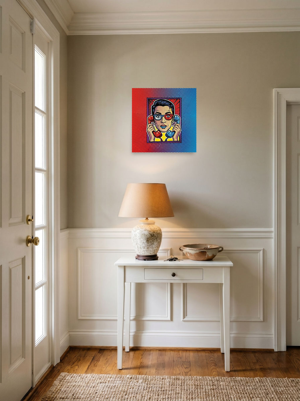 A 18x18 inch unframed paper Pop art print of 'Bipartisan Static' hanging in an entryway near a console.