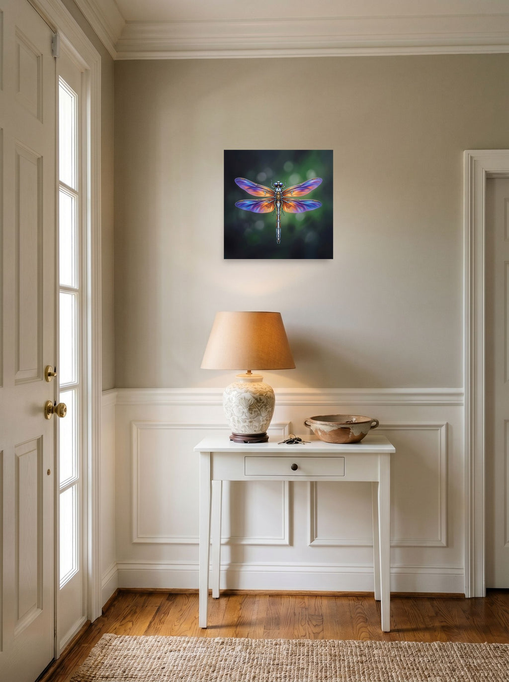 A 18x18 inch unframed paper Surrealism print of 'Gears of the Dragonfly' hanging in an entryway near a console.