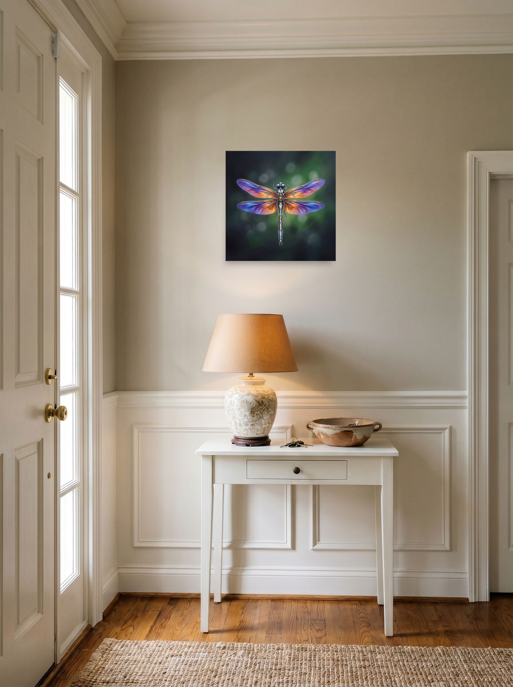 A 18x18 inch unframed paper Surrealism print of 'Gears of the Dragonfly' hanging in an entryway near a console.