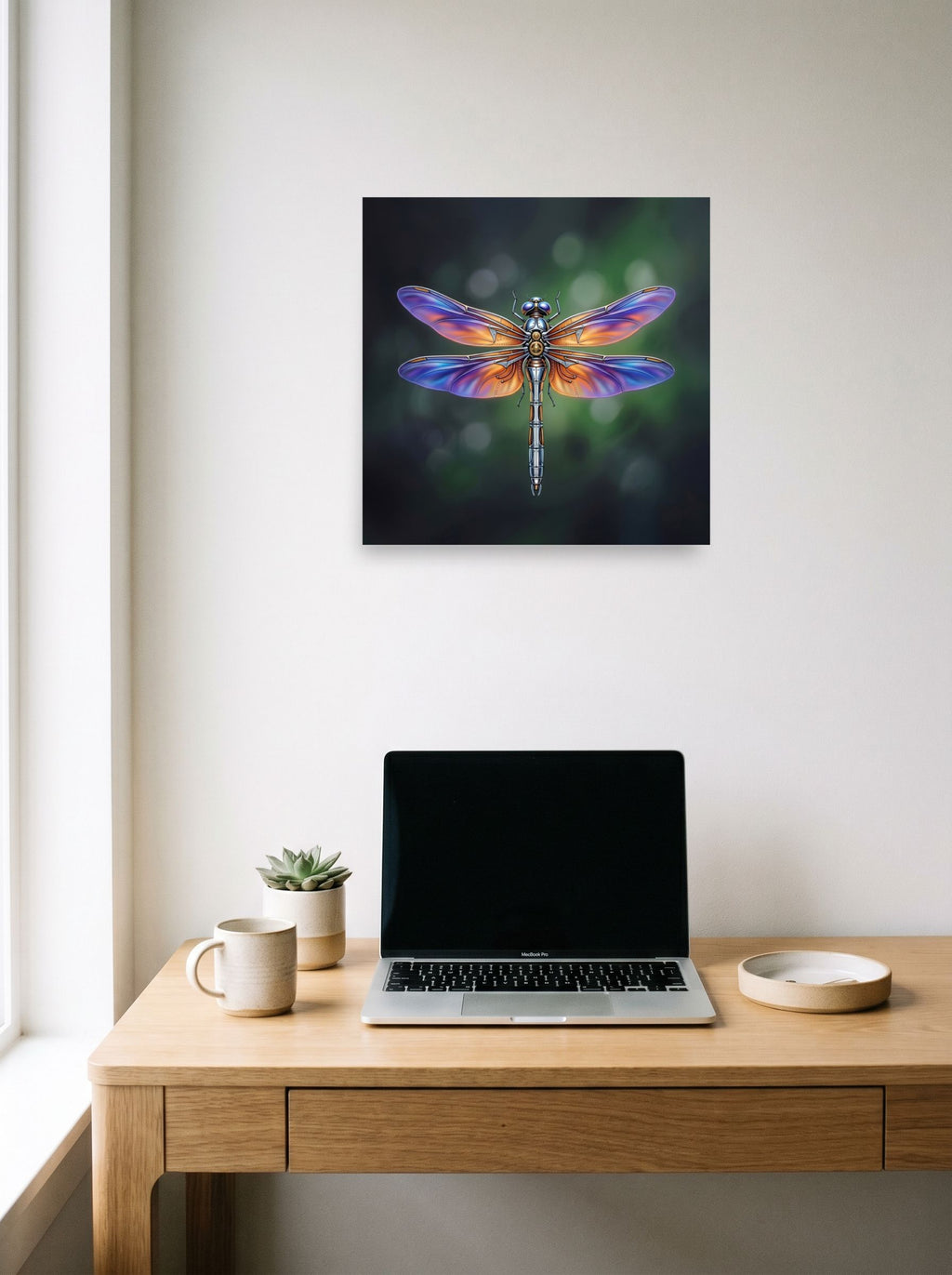 A 18x18 inch unframed paper Surrealism print of 'Gears of the Dragonfly' hanging above a worktable with a laptop.