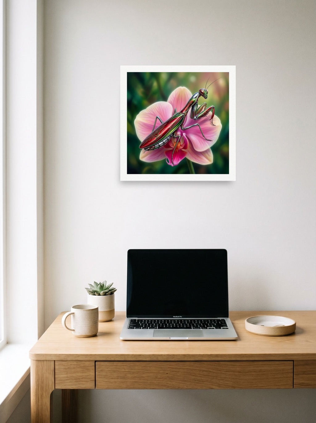 A 18x18 inch unframed paper Surrealism print of 'Chrome Mantis' hanging above a worktable with a laptop.