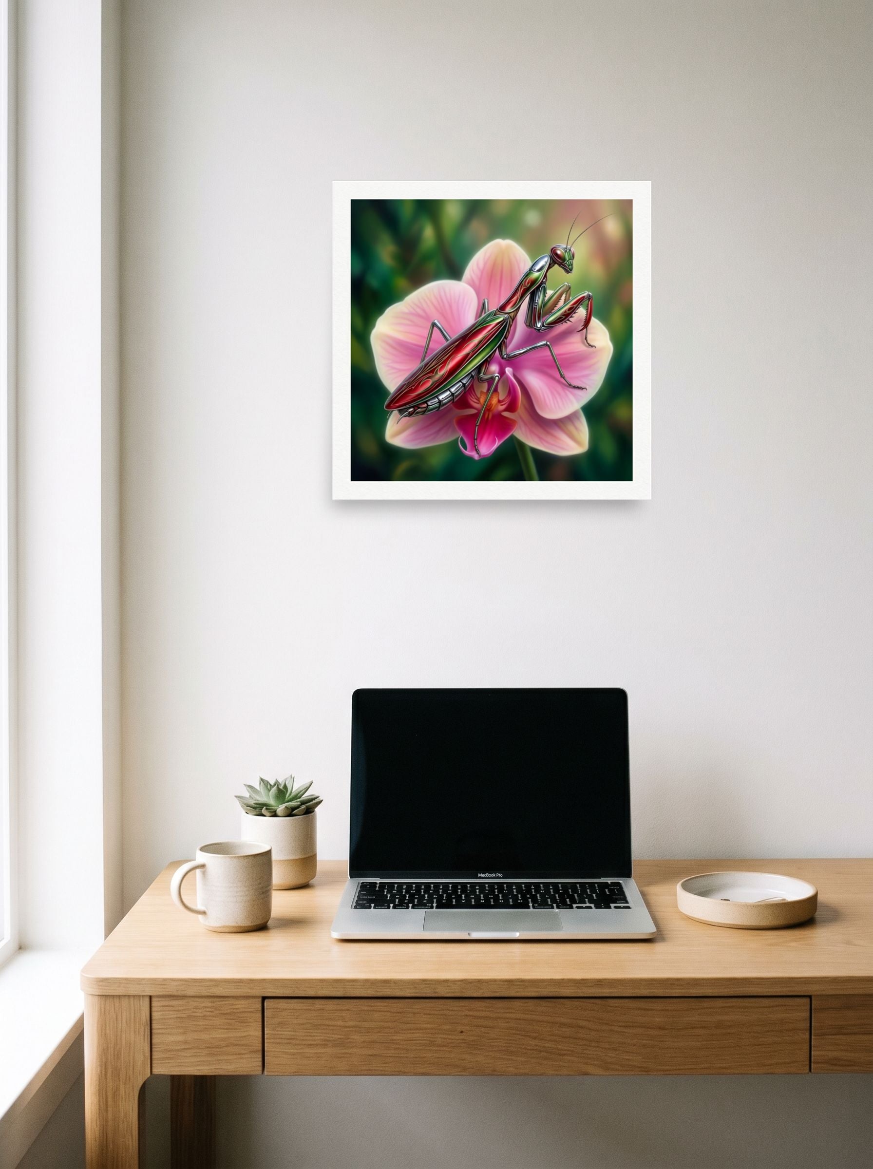 A 18x18 inch unframed paper Surrealism print of 'Chrome Mantis' hanging above a worktable with a laptop.