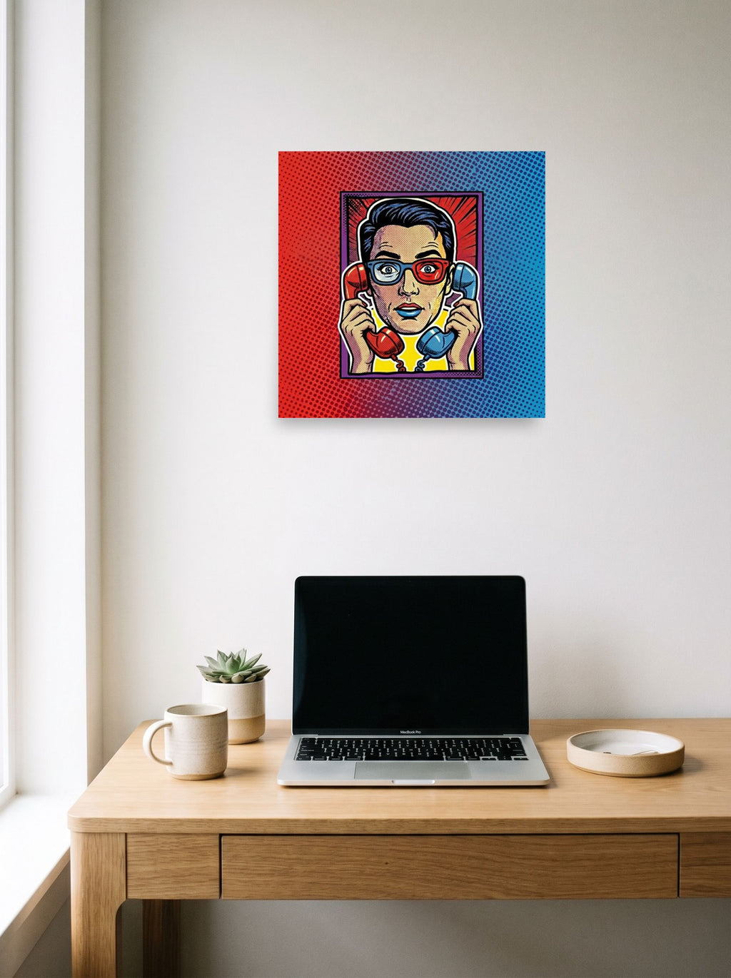 A 18x18 inch unframed paper Pop art print of 'Bipartisan Static' hanging above a worktable with a laptop.