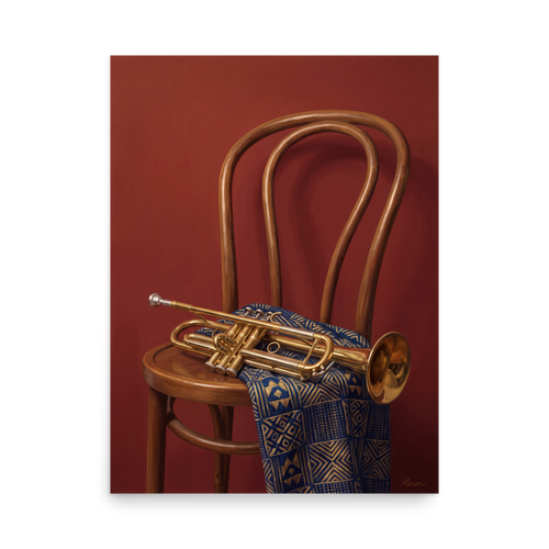 'Brass and Indigo' — a Realism,Modernism print. An oil painting still life featuring a golden trumpet on a wooden chair draped with a blue and gold geometric textile against a deep red wall, perfect for a music room or lounge.