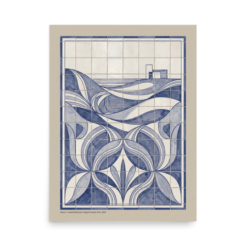 'Coastal Reflections' — a Art Deco print. A modern blue and white geometric tile artwork of a serene coastal landscape, perfect for an elegant Office.