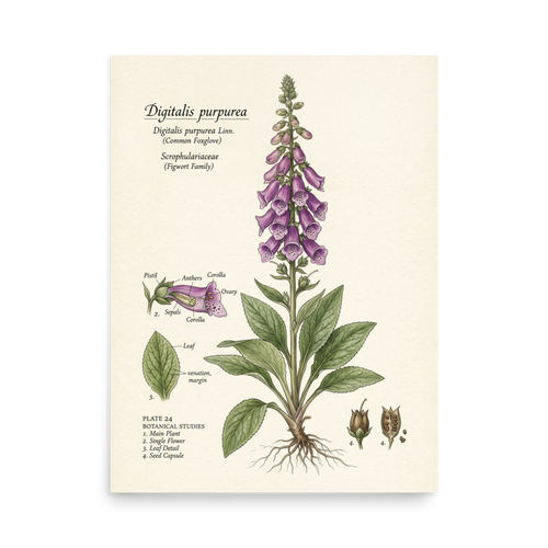 'Common Foxglove Botanical Plate' — a Academic art,Realism print. Detailed botanical illustration of a foxglove plant, showing the full flower spike, leaf details, and seed capsules.