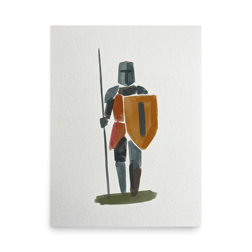'Abstract Guardian' — a Minimalism print. An abstract minimalist painting of a knight with a shield and spear on a white textured background, great for a modern Entryway or Office.