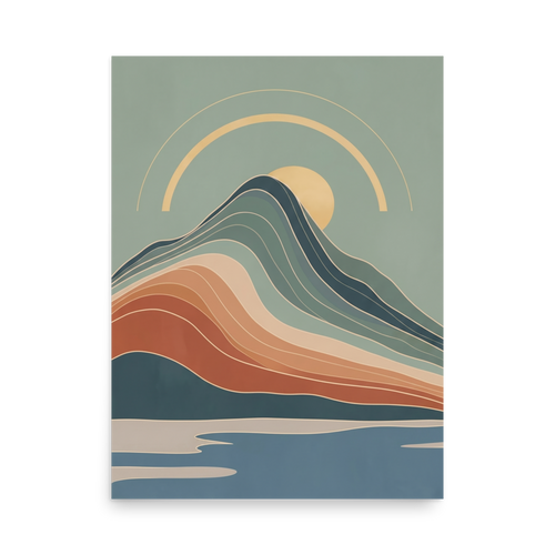'Boho Horizon' — a Geometric abstract art,Modernism print. An abstract mid-century landscape with sweeping mountain curves and a setting sun, an elegant piece for a Living Room.