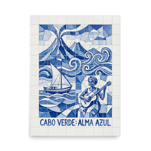 'Alma Azul' — a Cubism print. A geometric blue and white azulejo tile artwork showing a guitarist, sailboat, and volcano in Cabo Verde, ideal for a vibrant Studio.