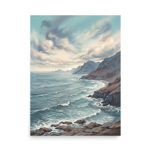 'Coastal Echoes' — a Romanticism print. A brooding painting of a rugged coastline with dark mountains and a restless ocean under a cloudy sky, suited for an office.