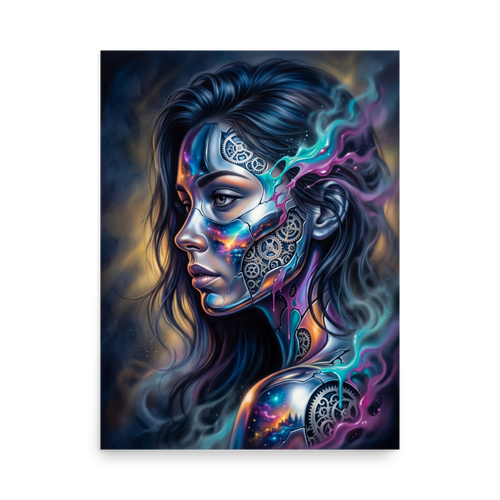 'Cosmic Clockwork' — a Surrealism print. A surreal cyberpunk portrait of a woman with gears and galaxies inside her face for a game room, framed by glowing teal and pink smoke.
