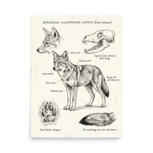 'Coyote Zoological Study' — a Academic art,Realism print. Detailed illustration of a coyote with anatomical details of its skull, tail, and paw prints.