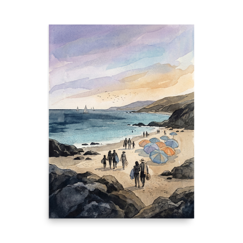 'Coastal Gathering' — a Impressionism print. A lively beach scene with people, sailboats, and rocky shores painted in soft tones, ideal for a Dining Room or Living Room.