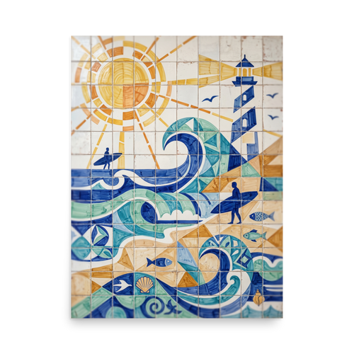 'Coastline Cubism' — a Cubism print. A lively blue and orange azulejo tile artwork depicting a sunny beach scene with surfers, great for a bright Bathroom.