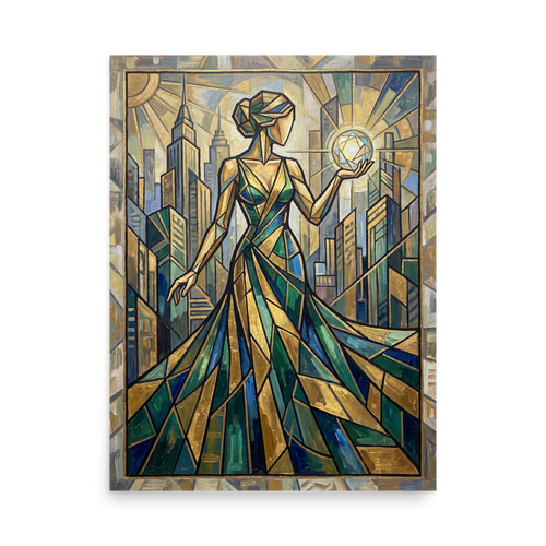 'City of Light' — a Art Deco print. An Art Deco painting of a stylized woman holding a glowing orb before a city skyline, ideal for an elegant living room.
