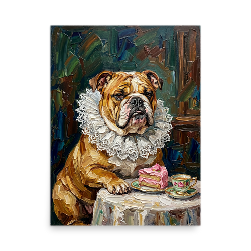 'A Noble Treat' — a Renaissance,Pop art print. Humorous impasto painting of a bulldog in a ruffled collar eating cake, perfect for a dining room.