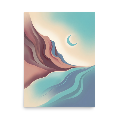 'Canyon Moonrise' — a Minimalism print. A minimalist landscape of smooth pastel canyons, a flowing river, and a crescent moon, perfect for a calming bedroom.