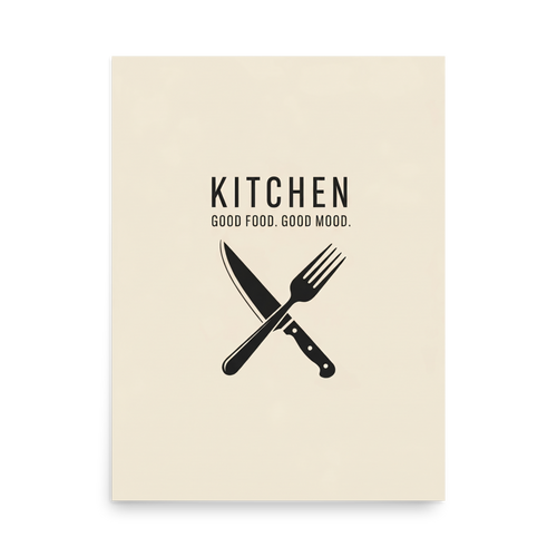 'Culinary Moods' — a Minimalism,Digital art print. A minimalist kitchen poster with a crossed knife and fork and the quote 'Good Food. Good Mood.', perfect for a Dining Room.