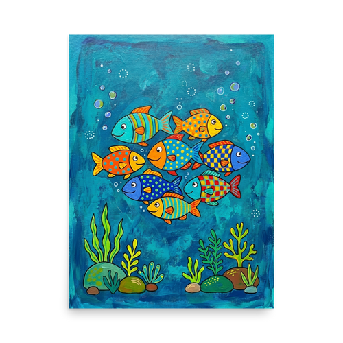 'Colorful Ocean Friends' — a Naive art print. A colorful naive art painting of a school of patterned fish swimming underwater among seaweed and bubbles, perfect for a lively bathroom.