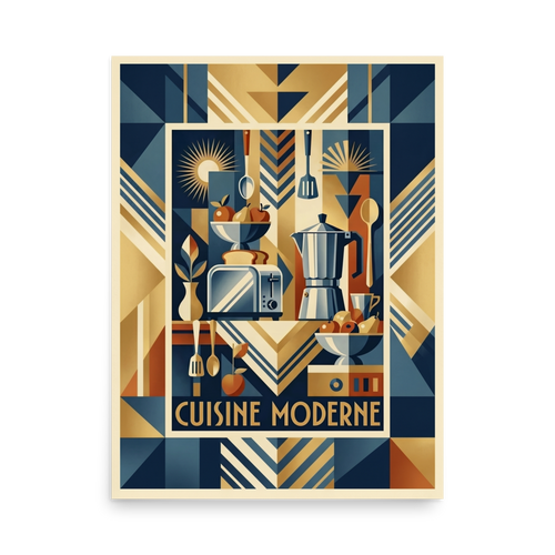 'Cuisine Moderne' — a Art Deco print. A bold, geometric still life featuring a toaster and coffee maker in striking shapes and colors, perfect for a kitchen or dining room.