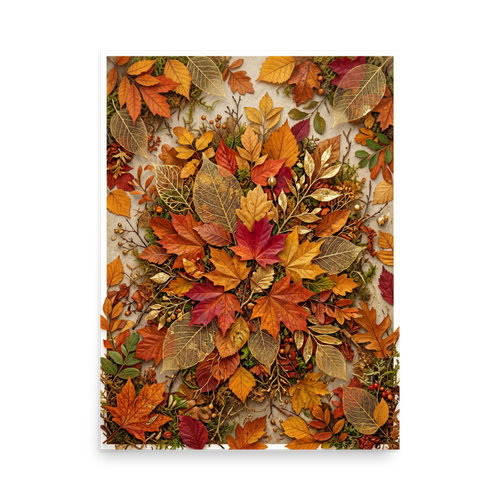 'Autumn Tapestry' — a Assemblage,Realism print. A highly detailed composition of colorful autumn leaves and golden skeletal foliage, ideal for a Dining Room.