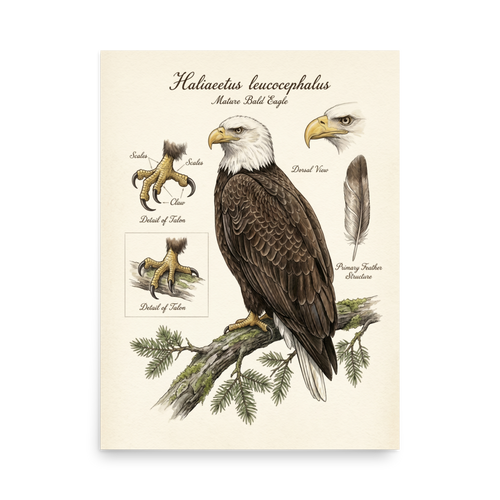 'Bald Eagle Portrait Study' — a Academic art,Realism print. Detailed portrait of a bald eagle with studies of its talons and a single feather.