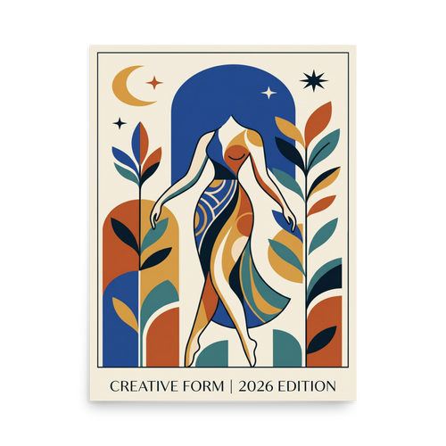 'Creative Form Under the Stars' — a Geometric abstract art,Modernism print. An abstract geometric portrait of a woman beneath a moonlit sky, a striking focal point for a Living Room.