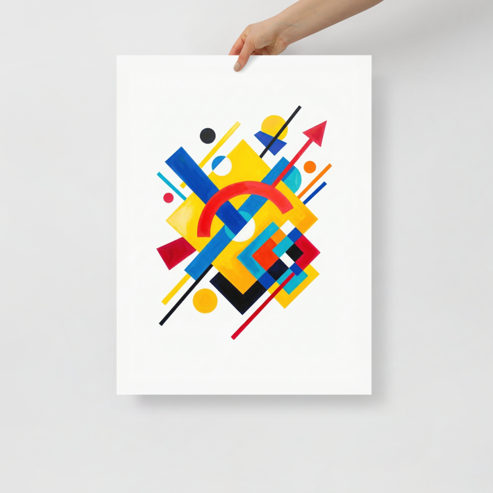 'Directional Energy' — a Suprematism print. A vivid abstract painting featuring overlapping geometric shapes like rectangles, circles, and an arrow in primary colors, a bold addition to a Living Room.