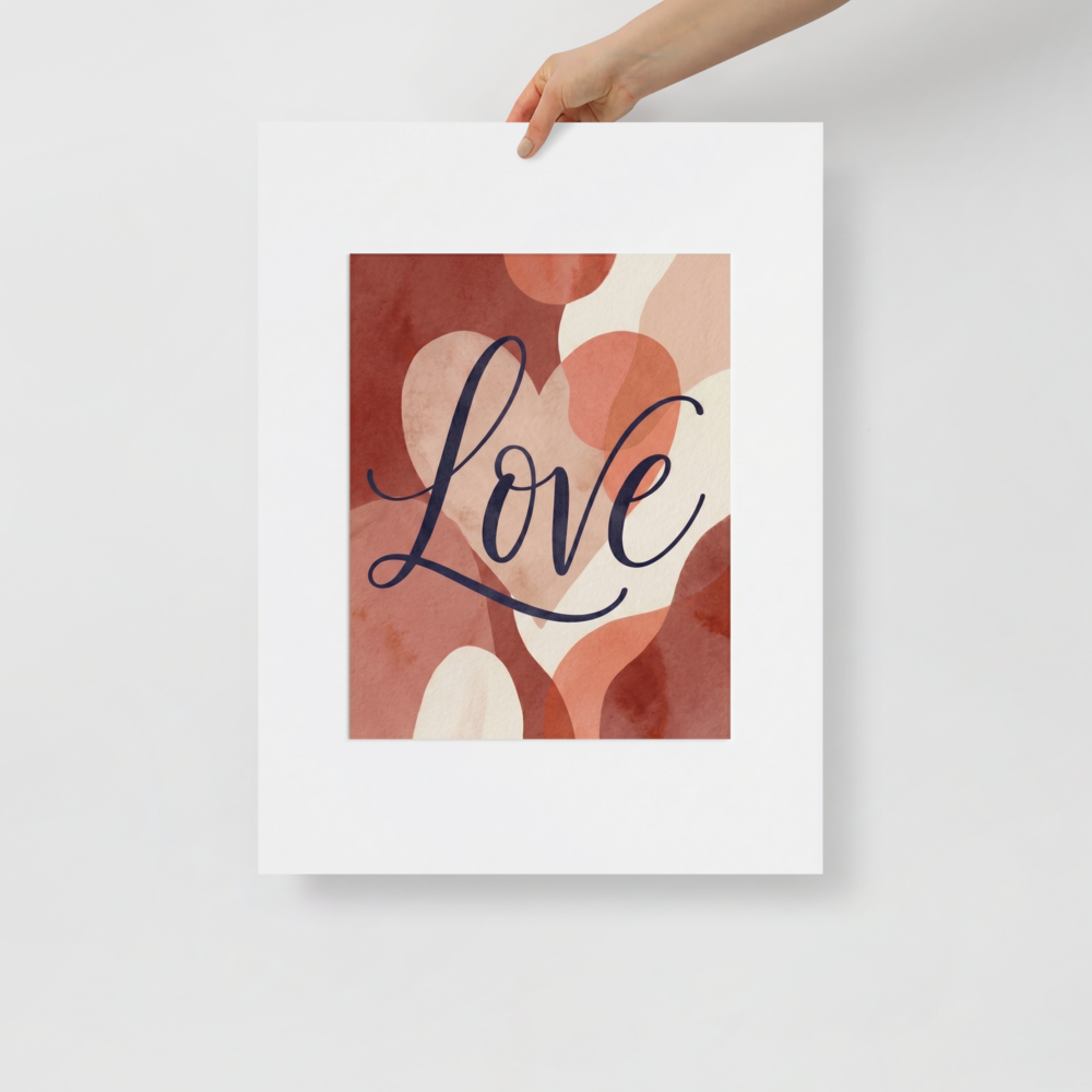 'Painted Affection' — a Abstract art,Minimalism print. A minimalist typography art print with the word Love written over abstract watercolor shapes in warm tones, perfect for a cozy bedroom.