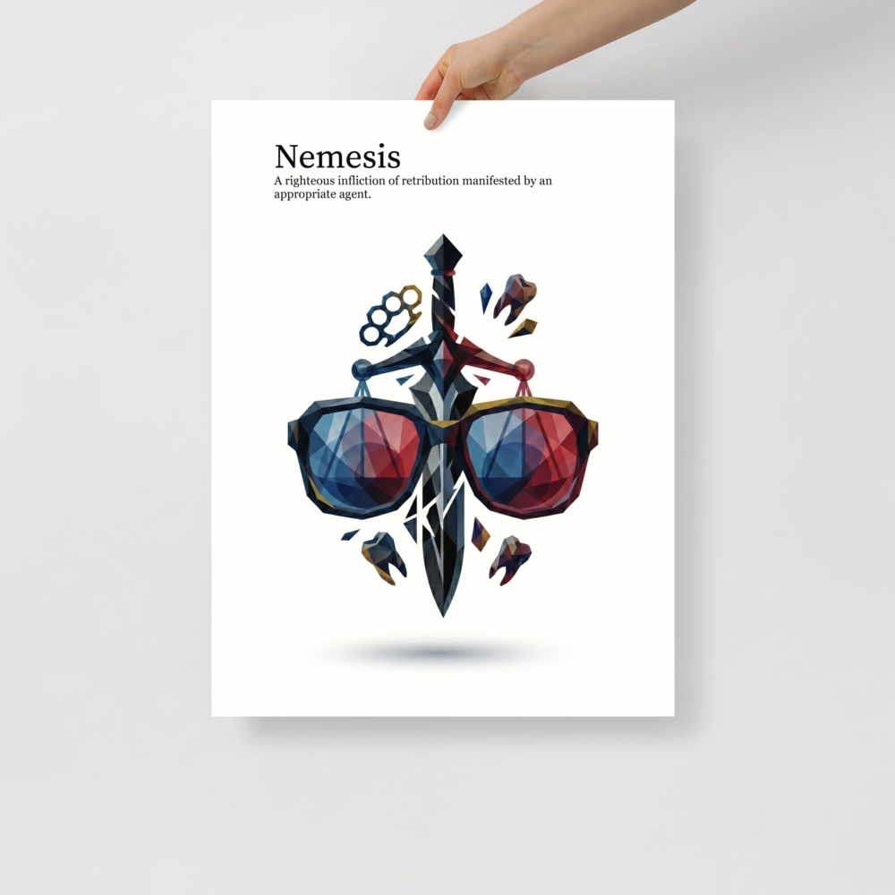 'Righteous Retribution' — a Digital art,Pop art print. A low-poly illustration of a sword, sunglasses, brass knuckles, and teeth with the text 'Nemesis', perfect for a Man Cave.