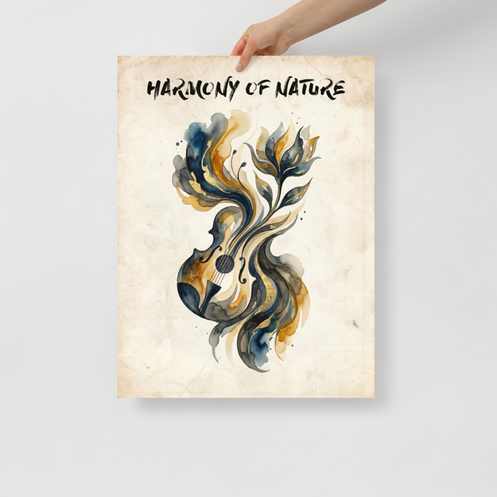 'Harmony of Nature' — a Fine Art print. A watercolor painting of a guitar blending into organic floral shapes in navy and gold colors with the text 'Harmony of Nature', perfect for a Living Room.