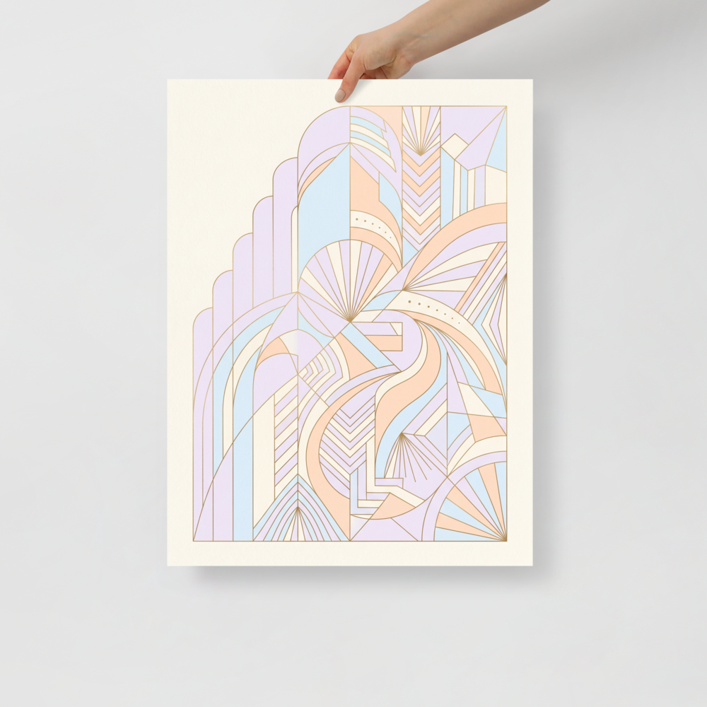 'Deco Pastel Architecture' — a Art Deco print. An intricate, asymmetrical Art Deco illustration with overlapping stepped arches and sunbursts in pastel lavender, peach, and light blue.