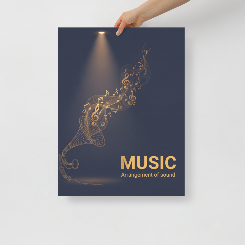 'Golden Melody' — a Art Deco print. A golden line art illustration of a gramophone emitting musical notes, a nostalgic and elegant piece for a Home Theater or Living Room.