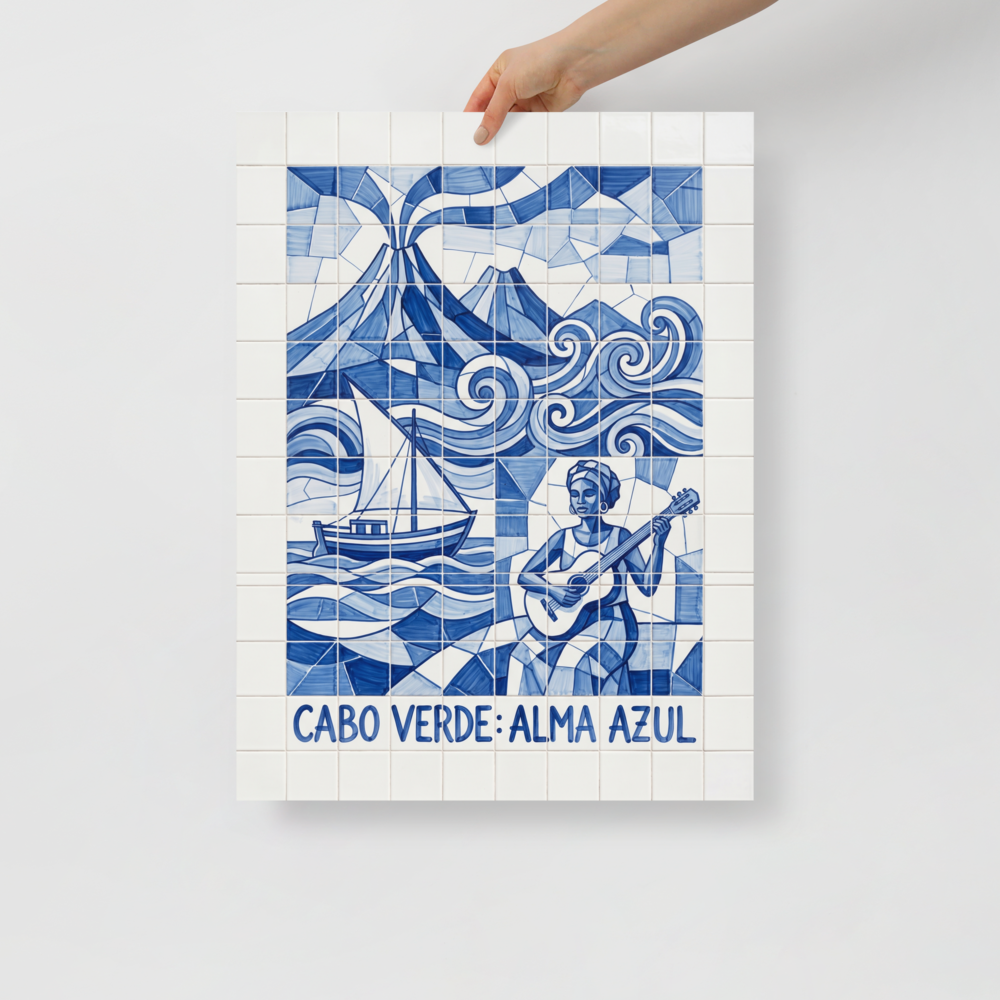 'Alma Azul' — a Cubism print. A geometric blue and white azulejo tile artwork showing a guitarist, sailboat, and volcano in Cabo Verde, ideal for a vibrant Studio.