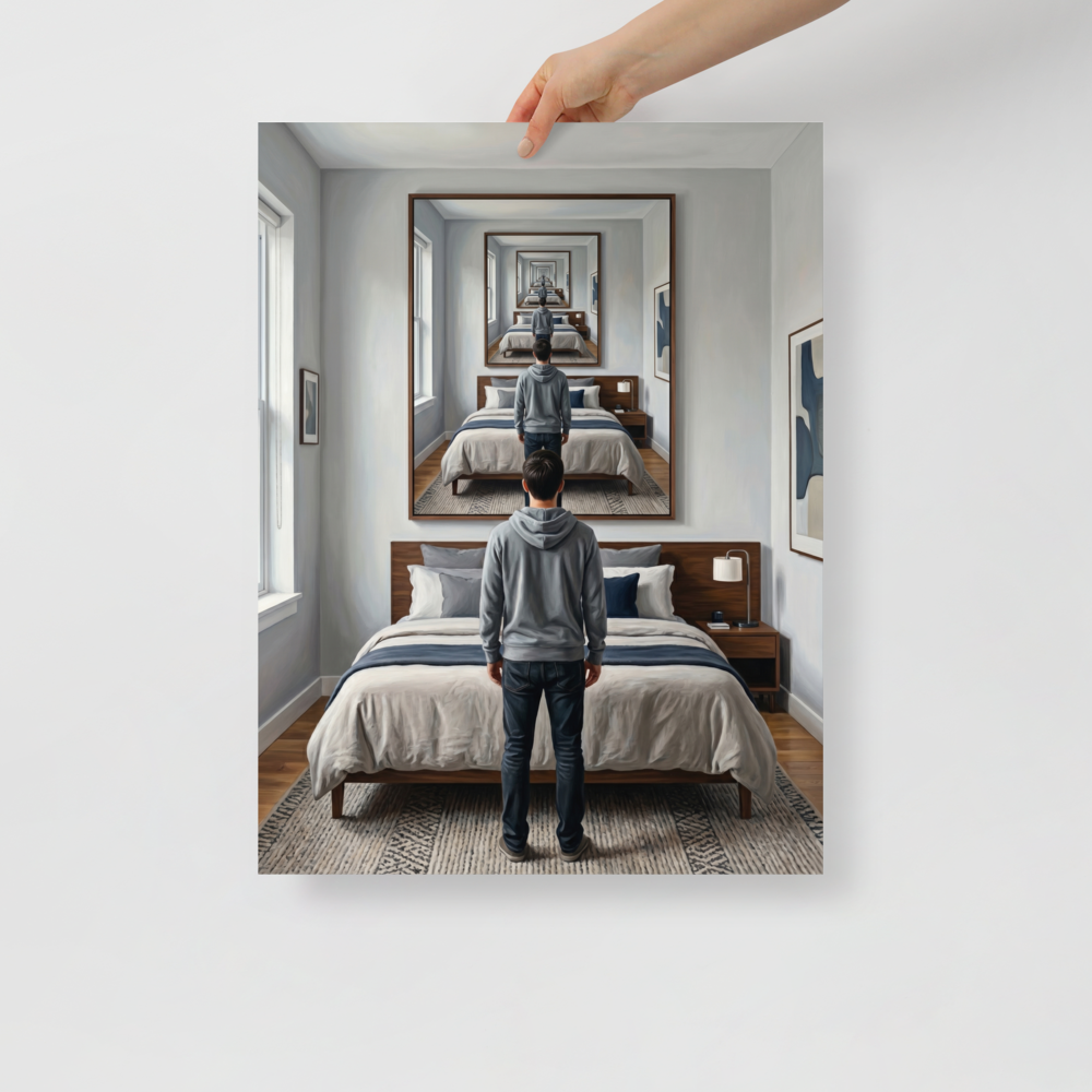 'The Unending Echo' — a Surrealism,Magic realism print. A dreamy surreal painting of a man standing in a bedroom, looking at a large mirror that creates an endless loop of his reflection.
