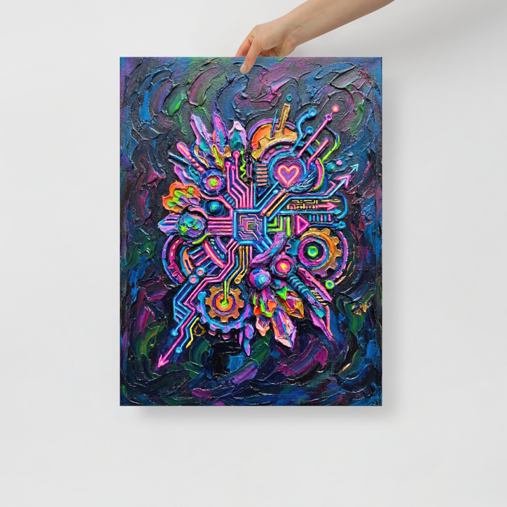 'Neon Circuit Heart' — a Modernism print. A vibrant abstract impasto painting featuring a glowing neon heart surrounded by intricate circuit board patterns in bright pink, blue, green, and gold against a dark background, ideal for a game room or office.