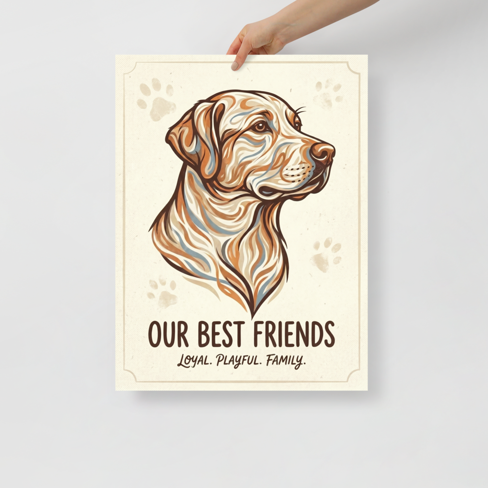 'Loyal Companion' — a Digital art,Modernism print. A stylized portrait of a dog created with flowing lines and warm colors alongside the text 'Our Best Friends', a great addition to a Living Room.
